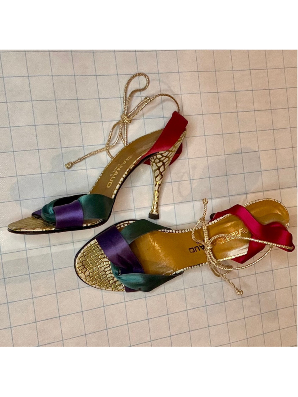 Xavier Danaud Size 7.5 Gold Purple Multi-Color Strappy Sandals y2k